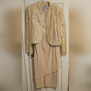 Misty Lane Evening Lace Overlay Jacket with Tiered Dress in Soft Champagne